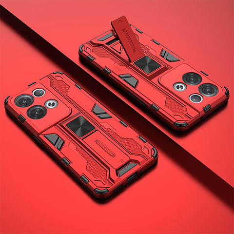 Silikon Hülle Handyhülle und Kunststoff Schutzhülle Hartschalen Tasche mit Magnetisch Ständer T01 für Oppo Reno8 Pro+ Plus 5G Rot