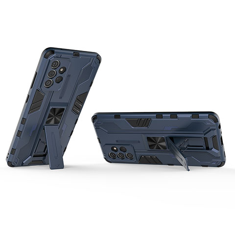 Silikon Hülle Handyhülle und Kunststoff Schutzhülle Hartschalen Tasche mit Magnetisch Ständer T01 für Samsung Galaxy A72 4G Blau