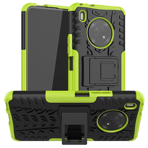Silikon Hülle Handyhülle und Kunststoff Schutzhülle Hartschalen Tasche mit Ständer A01 für Huawei Y9a Grün
