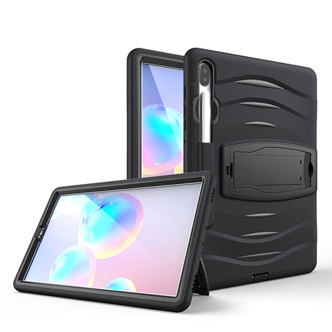 Silikon Hülle Handyhülle und Kunststoff Schutzhülle Hartschalen Tasche mit Ständer A03 für Samsung Galaxy Tab S6 10.5 SM-T860 Schwarz