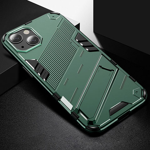 Silikon Hülle Handyhülle und Kunststoff Schutzhülle Hartschalen Tasche mit Ständer A05 für Apple iPhone 13 Mini Grün