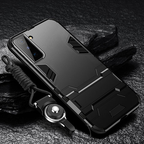 Silikon Hülle Handyhülle und Kunststoff Schutzhülle Hartschalen Tasche mit Ständer A05 für Samsung Galaxy S22 5G Schwarz