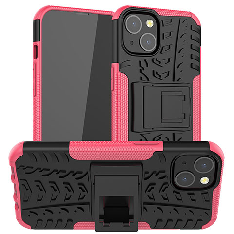 Silikon Hülle Handyhülle und Kunststoff Schutzhülle Hartschalen Tasche mit Ständer A07 für Apple iPhone 13 Pink