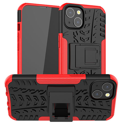 Silikon Hülle Handyhülle und Kunststoff Schutzhülle Hartschalen Tasche mit Ständer A07 für Apple iPhone 14 Rot