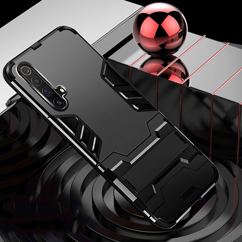 Silikon Hülle Handyhülle und Kunststoff Schutzhülle Hartschalen Tasche mit Ständer für Realme X50 5G Schwarz