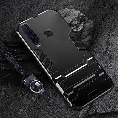 Silikon Hülle Handyhülle und Kunststoff Schutzhülle Hartschalen Tasche mit Ständer für Samsung Galaxy A9s Schwarz