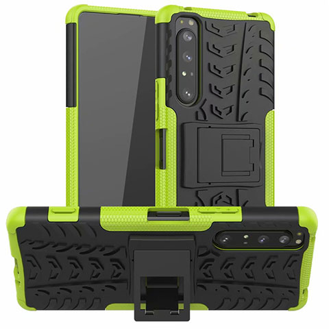 Silikon Hülle Handyhülle und Kunststoff Schutzhülle Hartschalen Tasche mit Ständer für Sony Xperia 1 II Grün