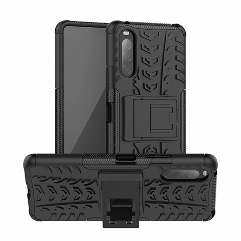 Silikon Hülle Handyhülle und Kunststoff Schutzhülle Hartschalen Tasche mit Ständer für Sony Xperia 10 II Schwarz