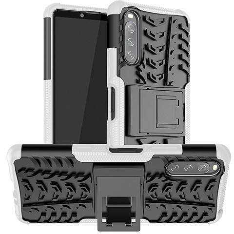 Silikon Hülle Handyhülle und Kunststoff Schutzhülle Hartschalen Tasche mit Ständer JX1 für Sony Xperia 10 III Silber