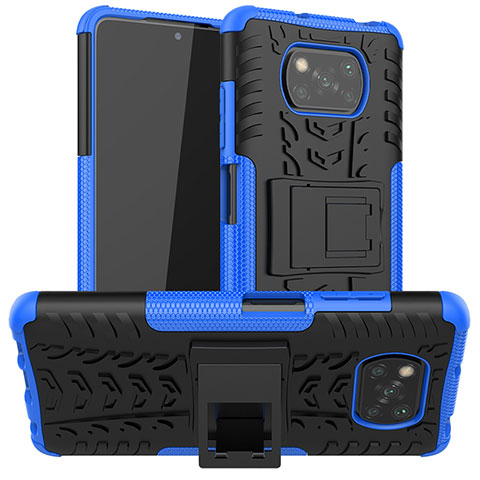 Silikon Hülle Handyhülle und Kunststoff Schutzhülle Hartschalen Tasche mit Ständer JX1 für Xiaomi Poco X3 Blau