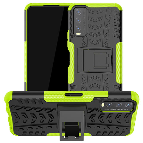 Silikon Hülle Handyhülle und Kunststoff Schutzhülle Hartschalen Tasche mit Ständer JX2 für Vivo Y12s Grün