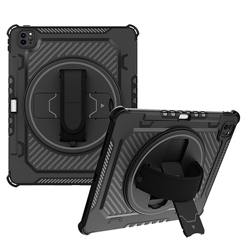 Silikon Hülle Handyhülle und Kunststoff Schutzhülle Hartschalen Tasche mit Ständer L06 für Apple iPad Pro 12.9 (2020) Schwarz