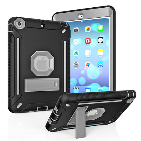 Silikon Hülle Handyhülle und Kunststoff Schutzhülle Hartschalen Tasche mit Ständer YJ1 für Apple iPad Mini 2 Grau