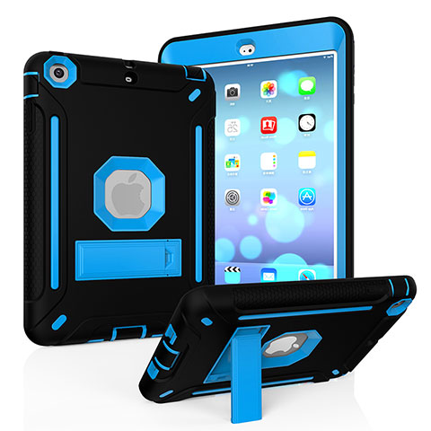 Silikon Hülle Handyhülle und Kunststoff Schutzhülle Hartschalen Tasche mit Ständer YJ2 für Apple iPad Mini 2 Blau und Schwarz