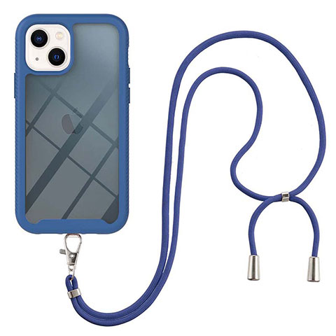 Silikon Hülle Handyhülle und Kunststoff Schutzhülle Hartschalen Tasche Vorder und Rückseite 360 Grad Ganzkörper mit Schlüsselband Lanyard für Apple iPhone 14 Plus Blau