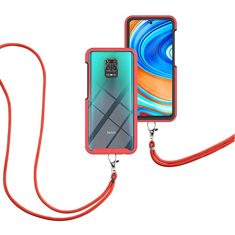 Silikon Hülle Handyhülle und Kunststoff Schutzhülle Hartschalen Tasche Vorder und Rückseite 360 Grad Ganzkörper mit Schlüsselband Lanyard für Xiaomi Redmi Note 9 Pro Rot