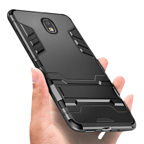 Silikon Hülle Handyhülle und Kunststoff Schutzhülle mit Fingerring Ständer A01 für Samsung Galaxy J3 (2018) SM-J377A Schwarz