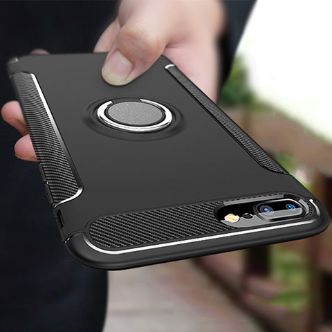 Silikon Hülle Handyhülle und Kunststoff Schutzhülle mit Fingerring Ständer A03 für Apple iPhone 7 Plus Schwarz