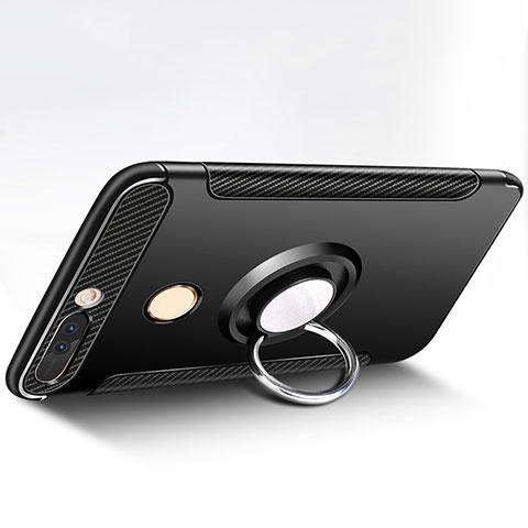 Silikon Hülle Handyhülle und Kunststoff Schutzhülle mit Fingerring Ständer für Huawei Honor V9 Schwarz