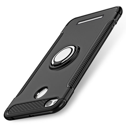 Silikon Hülle Handyhülle und Kunststoff Schutzhülle mit Fingerring Ständer für Xiaomi Redmi 3 Pro Schwarz