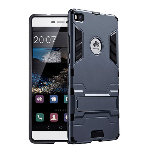 Silikon Hülle Handyhülle und Kunststoff Schutzhülle mit Ständer für Huawei P8 Schwarz