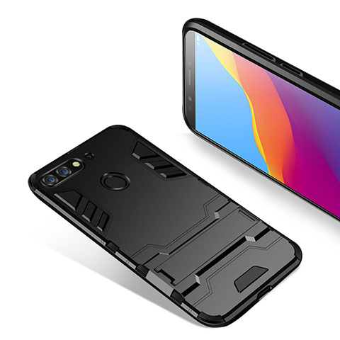 Silikon Hülle Handyhülle und Kunststoff Schutzhülle mit Ständer für Huawei Y7 (2018) Schwarz
