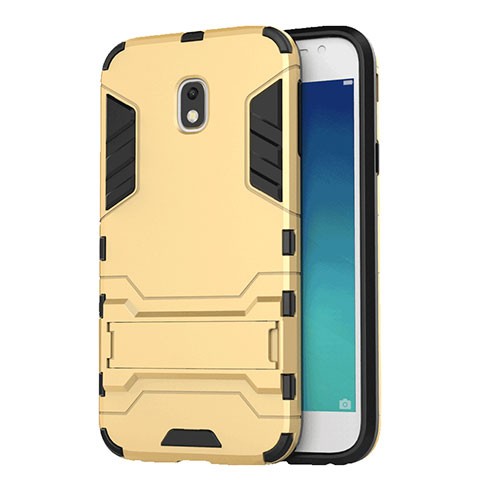 Silikon Hülle Handyhülle und Kunststoff Schutzhülle mit Ständer für Samsung Galaxy J3 Pro (2017) Gold