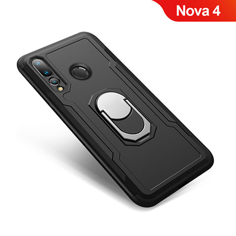 Silikon Hülle Handyhülle und Kunststoff Schutzhülle Tasche mit Fingerring Ständer A01 für Huawei Nova 4 Schwarz