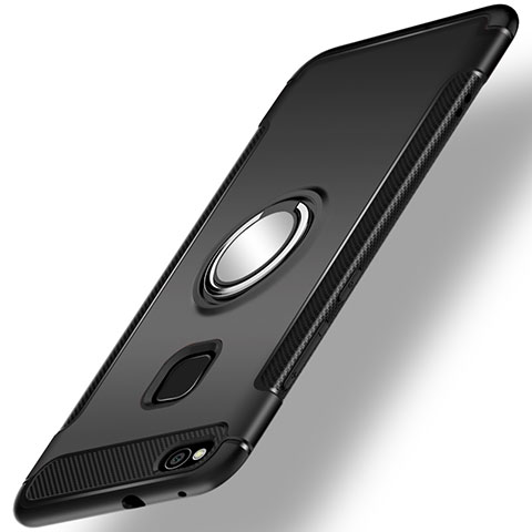 Silikon Hülle Handyhülle und Kunststoff Schutzhülle Tasche mit Fingerring Ständer für Huawei GR3 (2017) Schwarz