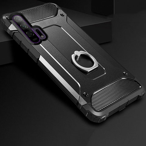 Silikon Hülle Handyhülle und Kunststoff Schutzhülle Tasche mit Fingerring Ständer für Huawei Honor 20 Pro Schwarz