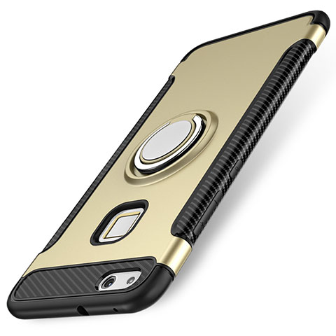 Silikon Hülle Handyhülle und Kunststoff Schutzhülle Tasche mit Fingerring Ständer für Huawei P10 Lite Gold