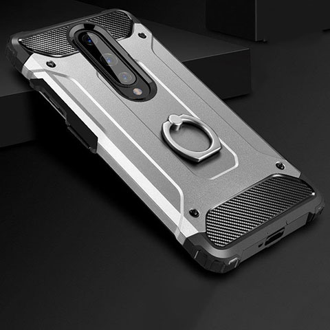 Silikon Hülle Handyhülle und Kunststoff Schutzhülle Tasche mit Fingerring Ständer für OnePlus 8 Silber