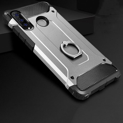 Silikon Hülle Handyhülle und Kunststoff Schutzhülle Tasche mit Fingerring Ständer H01 für Huawei P30 Lite Silber
