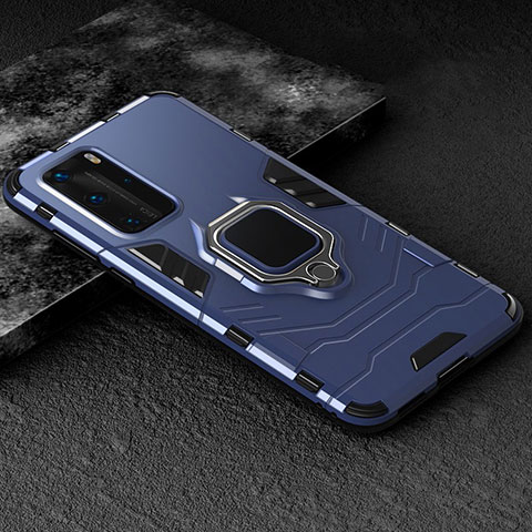Silikon Hülle Handyhülle und Kunststoff Schutzhülle Tasche mit Magnetisch Fingerring Ständer für Huawei P40 Pro Blau