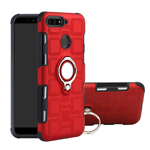 Silikon Hülle Handyhülle und Kunststoff Schutzhülle Tasche mit Magnetisch Fingerring Ständer für Huawei Y6 (2018) Rot