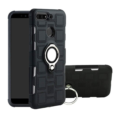 Silikon Hülle Handyhülle und Kunststoff Schutzhülle Tasche mit Magnetisch Fingerring Ständer für Huawei Y6 (2018) Schwarz