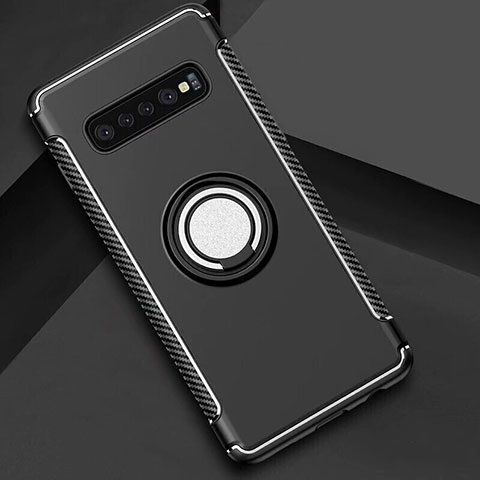 Silikon Hülle Handyhülle und Kunststoff Schutzhülle Tasche mit Magnetisch Fingerring Ständer für Samsung Galaxy S10 Schwarz