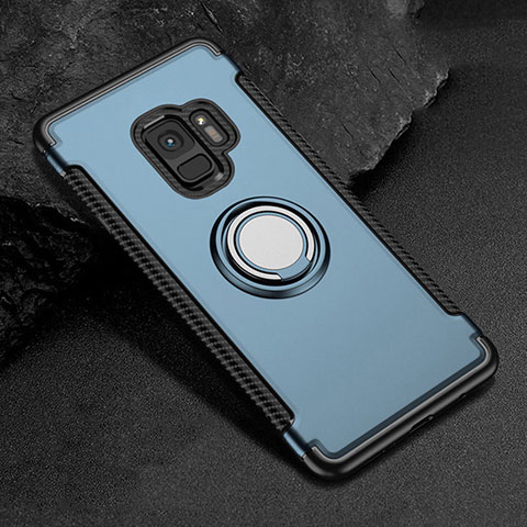 Silikon Hülle Handyhülle und Kunststoff Schutzhülle Tasche mit Magnetisch Fingerring Ständer für Samsung Galaxy S9 Blau