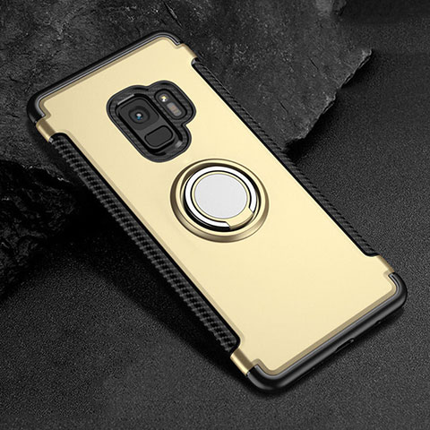 Silikon Hülle Handyhülle und Kunststoff Schutzhülle Tasche mit Magnetisch Fingerring Ständer für Samsung Galaxy S9 Gold