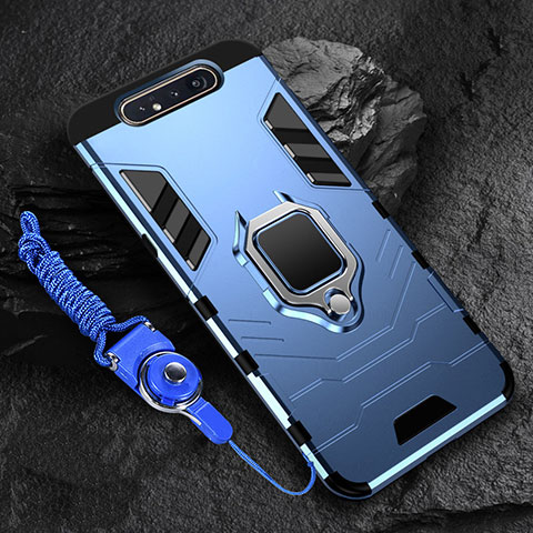 Silikon Hülle Handyhülle und Kunststoff Schutzhülle Tasche mit Magnetisch Fingerring Ständer R01 für Samsung Galaxy A90 4G Blau