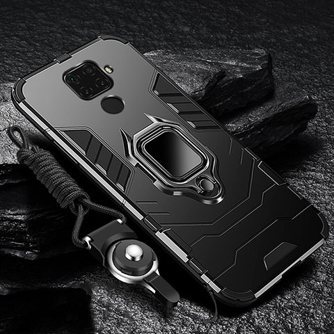 Silikon Hülle Handyhülle und Kunststoff Schutzhülle Tasche mit Magnetisch Fingerring Ständer R01 für Xiaomi Redmi Note 9 Schwarz