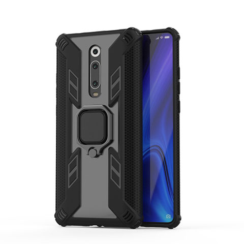 Silikon Hülle Handyhülle und Kunststoff Schutzhülle Tasche mit Magnetisch Fingerring Ständer R03 für Xiaomi Mi 9T Pro Schwarz