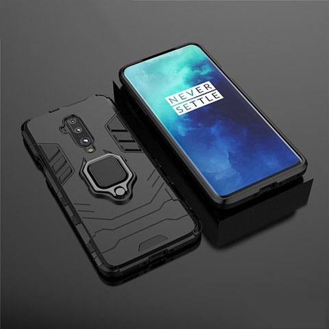 Silikon Hülle Handyhülle und Kunststoff Schutzhülle Tasche mit Magnetisch Ständer für OnePlus 7T Pro 5G Schwarz