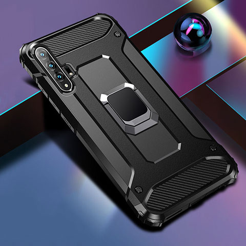 Silikon Hülle Handyhülle und Kunststoff Schutzhülle Tasche mit Magnetisch Ständer H01 für Huawei Honor 20 Pro Schwarz