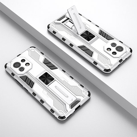 Silikon Hülle Handyhülle und Kunststoff Schutzhülle Tasche mit Magnetisch Ständer H01 für Xiaomi Mi 11 5G Weiß