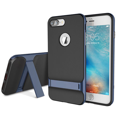 Silikon Hülle Handyhülle und Kunststoff Schutzhülle Tasche mit Ständer A01 für Apple iPhone 7 Plus Blau