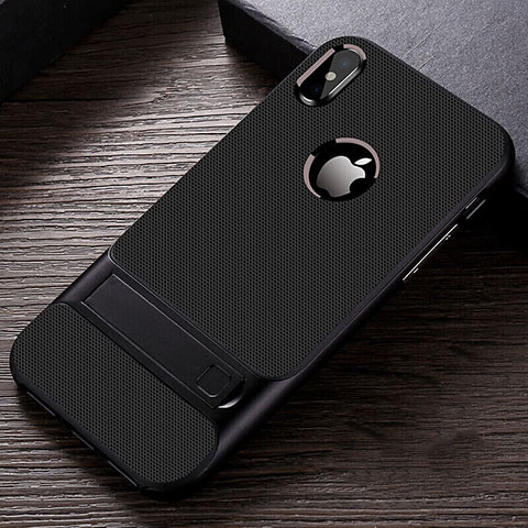 Silikon Hülle Handyhülle und Kunststoff Schutzhülle Tasche mit Ständer A01 für Apple iPhone Xs Schwarz