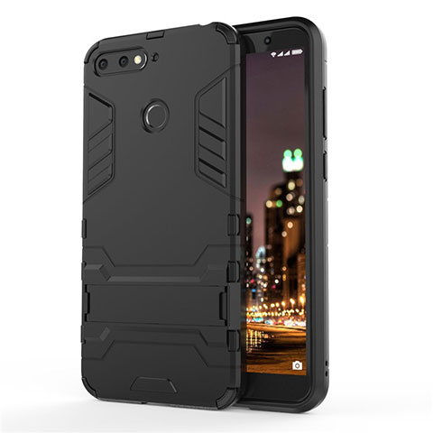 Silikon Hülle Handyhülle und Kunststoff Schutzhülle Tasche mit Ständer A01 für Huawei Enjoy 8e Schwarz