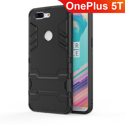 Silikon Hülle Handyhülle und Kunststoff Schutzhülle Tasche mit Ständer A01 für OnePlus 5T A5010 Schwarz