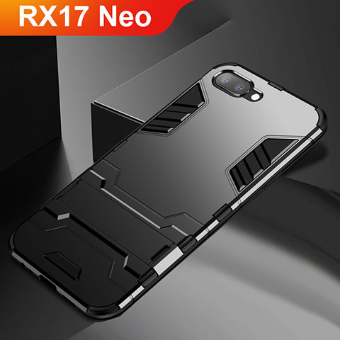 Silikon Hülle Handyhülle und Kunststoff Schutzhülle Tasche mit Ständer A01 für Oppo RX17 Neo Schwarz